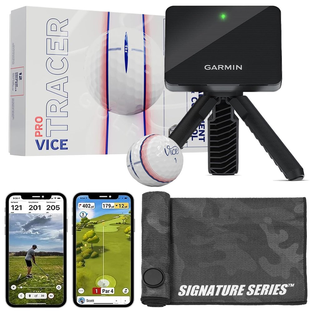 Garmin Approach R10 Portable Golf Launch Monitor with Vice Pro Balls | Practice at Home or on The Driving Range | Track Metrics, Record Video, 43,000+ Courses | with Signature Series Golf Towel