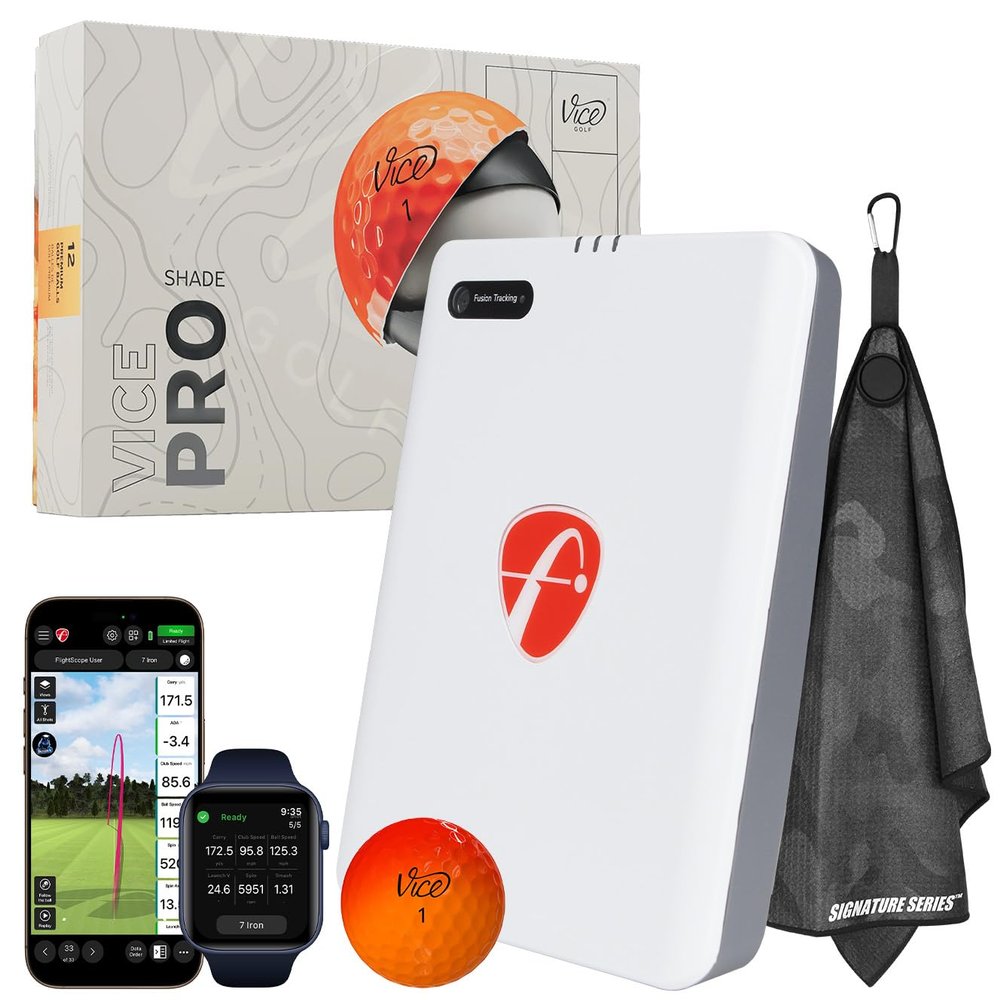 FlightScope Mevo Gen2 Portable Golf Launch Monitor & Simulator with Vice Pro Balls | 18 Data Parameters, 8 E6 Simulation Courses, GPS Overview, Indoor & Outdoor | Signature Series Golf Towel