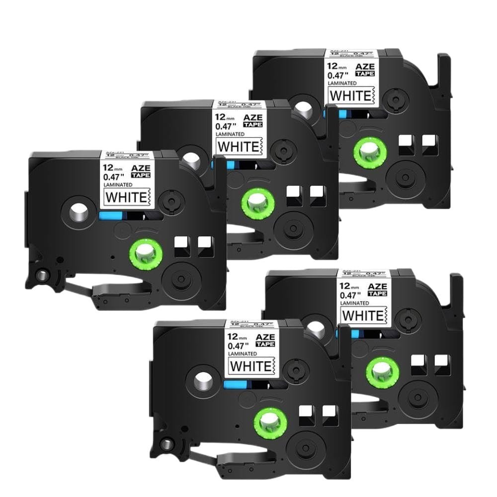 5PCS 12mm Black On White Label Tape Compatible with Tz TZe-231 TZ-241 TZE-131 631 831 335 Tapes for Label Maker(5PK Black on White)