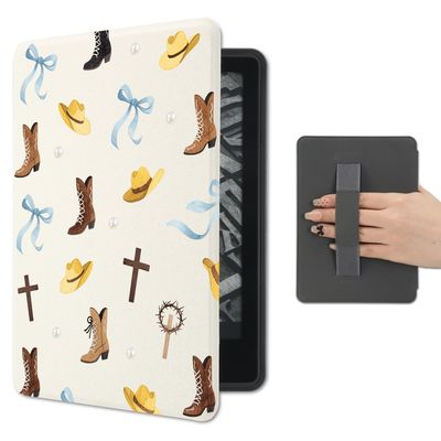 AdorableWhimsy Lovely Western Cowgirls Case for 7" Kindle Paperwhite 12th Generation/Kindle Colorsoft Signature Edition 2024 with Hand Strap Premium Leather Folio Cover Protective e-Reader Case