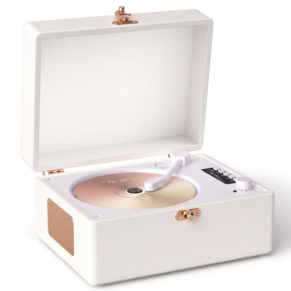 VICTRESS Retro CD Player with Speakers Bluetooth in & Out Leather White
