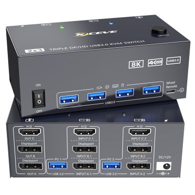 8K KVM Switch 3 Monitors 2 Computers 8K@60Hz 4K@144Hz,3 Monitors KVM Switch for 2 Computers Sharing Triple Monitors,Keyboard,Mouse,Printer with 2*USB3.0 Cables,Power Adapter and Controller