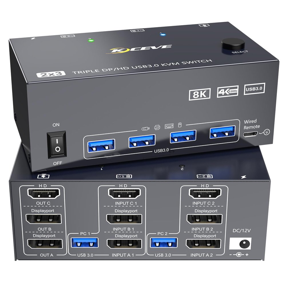 8K KVM Switch 3 Monitors 2 Computers 8K@60Hz 4K@144Hz,3 Monitors KVM Switch for 2 Computers Sharing Triple Monitors,Keyboard,Mouse,Printer with 2*USB3.0 Cables,Power Adapter and Controller