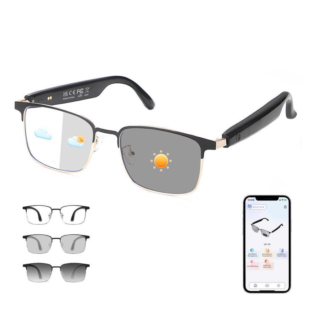 Al Smart Glasses for Men Women - Bluetooth Translation Glasses with 169 Languages, Photochromic Lenses-UV/Blue Light Protection, Music & Calls, Al Vioce Assistant, Travel Meeting Business Trade-Gold