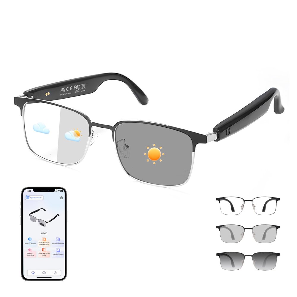 Al Smart Glasses for Men Women - Bluetooth Translation Glasses with 169 Languages, Color-change Lenses, Photo Translation, Music & Calls, Al Vioce Assistant, Travel Meeting Business Trade - Silver
