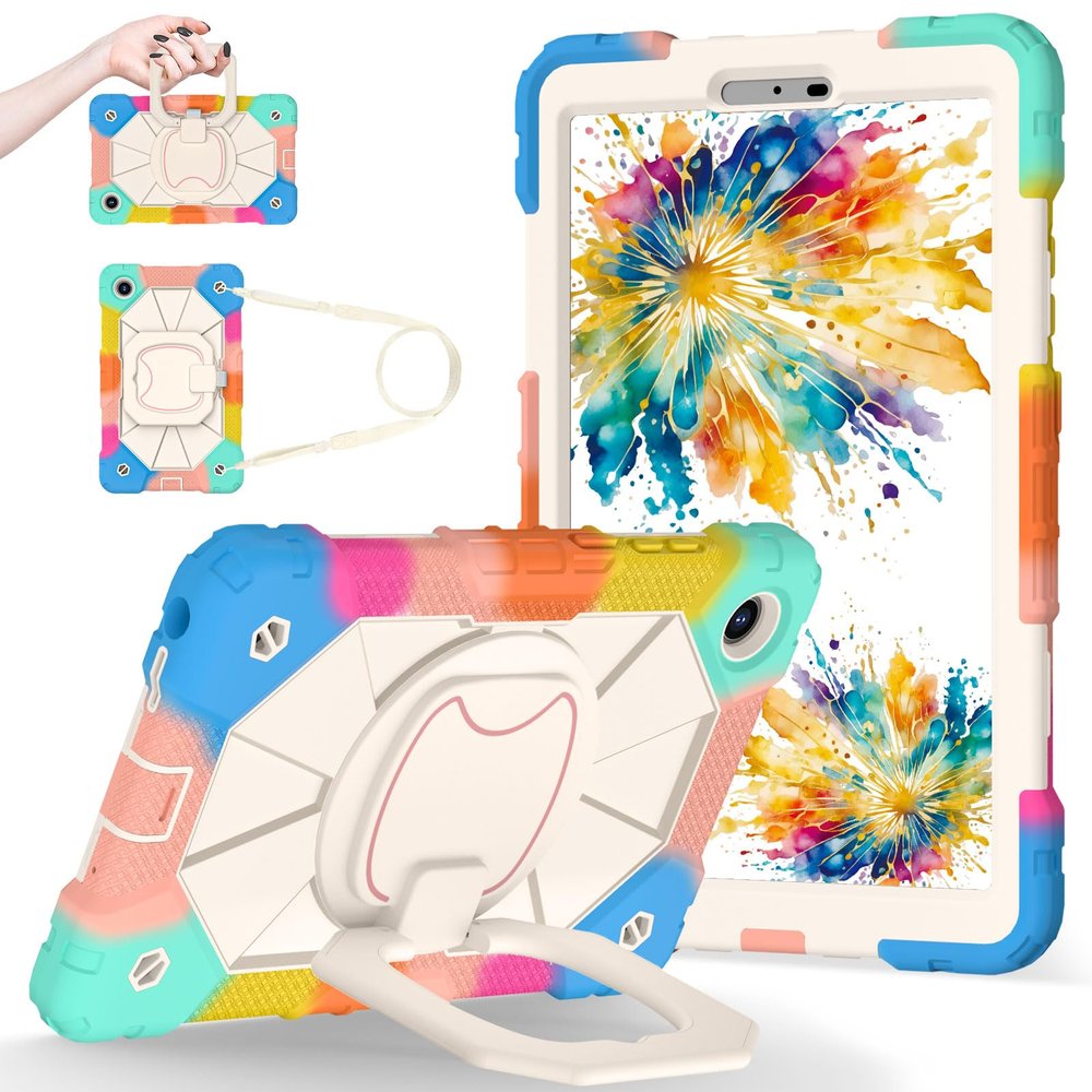 HUOLUNGJIN Hybrid Case Compatible with Lenovo Tab One 8.7 inch/K9 TB305FU (2025) with 360 Rotatable Ring, Kickstand & Detachable Shoulder Strap Heavy Duty Shockproof Cover for Kids (Colorful)