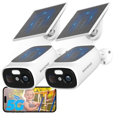 2pc 2.4G/5G WiFi Cameras for Home Security with Double Solar Panels,2K Solar Security Cameras Wireless Outdoor, Color Night Vision,2-Way Talk,Spotlight, Siren,IP66, Cloud/SD, AI Detection, W/Alexa