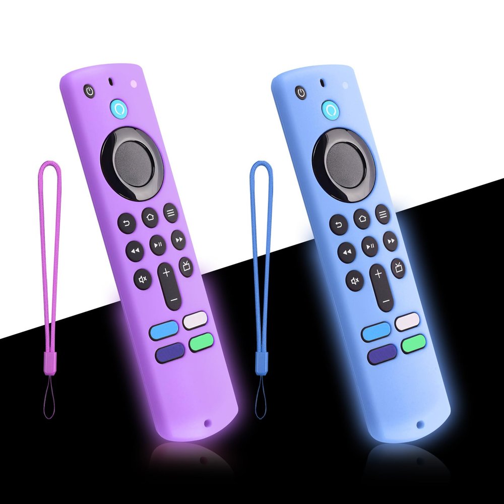 2-Pack Glowing Remote Cover, Silicone Protective Case with Lanyard, Glow Blue and Glow Purple, Compatible with Smart TV Remote Controller