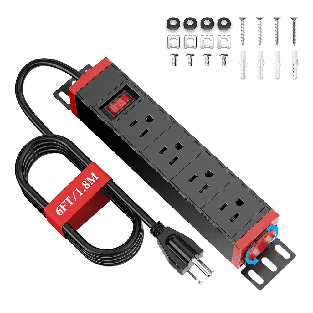 10 inch Rack Mount Power Strips PDU 4 Outlets with Surge Protection & Overload On Off Switch, 1U RackMount Power Strip with 6ft Cord for 10'' Mini Server Network Cabinets/Rack/Self, Black Red