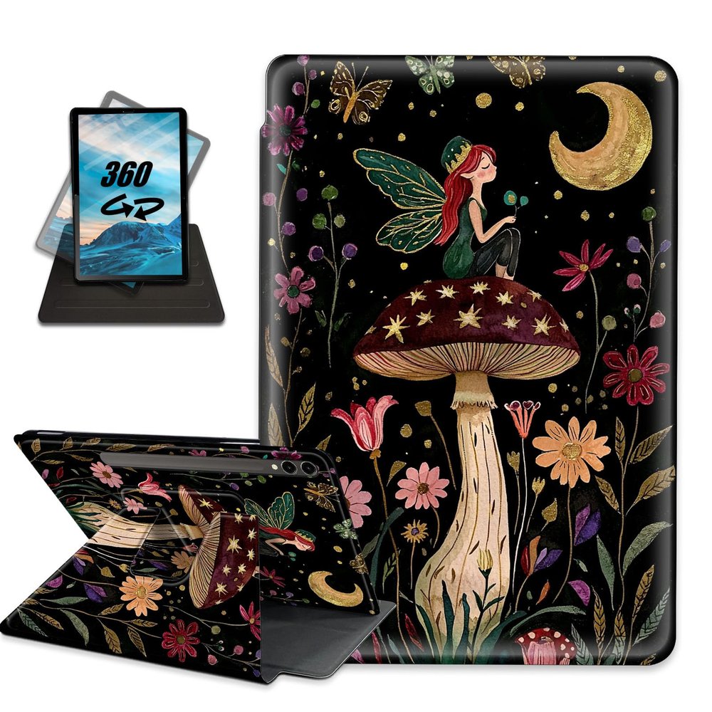 for Samsung Galaxy Tab S9 Ultra Tablet Case with Pencil Holder Folio PU Leather Multi-Angle Rotating Stand Auto Sleep/Wake Protective Rugged Cover,Fairy on Mushroom