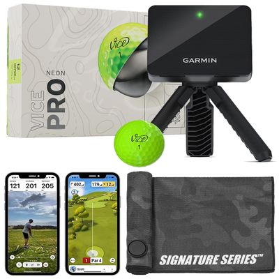 Garmin Approach R10 Portable Golf Launch Monitor with Vice Pro Balls | Practice at Home or on The Driving Range | Track Metrics, Record Video, 43,000+ Courses | with Signature Series Golf Towel