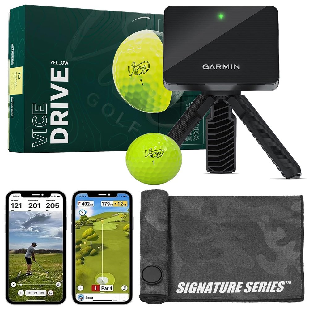 Garmin Approach R10 Portable Golf Launch Monitor with Vice Drive Balls | Practice at Home or on The Driving Range | Track Metrics, Record Video, 43,000+ Courses | with Signature Series Golf Towel