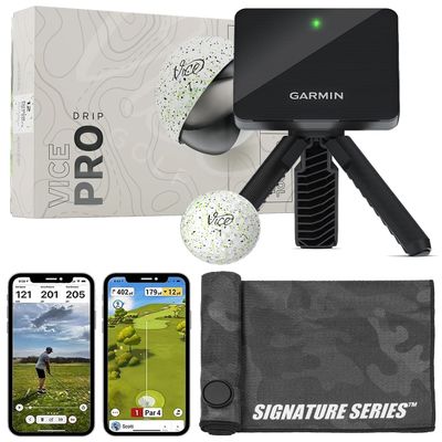 Garmin Approach R10 Portable Golf Launch Monitor with Vice Pro Balls | Practice at Home or on The Driving Range | Track Metrics, Record Video, 43,000+ Courses | with Signature Series Golf Towel