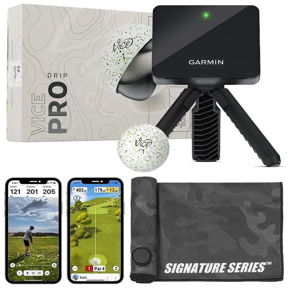 Garmin Approach R10 Portable Golf Launch Monitor with Vice Pro Balls | Practice at Home or on The Driving Range | Track Metrics, Record Video, 43,000+ Courses | with Signature Series Golf Towel