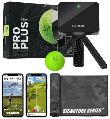 Garmin Approach R10 Portable Golf Launch Monitor with Vice Pro Plus Balls | Practice at Home or on the Driving Range | Track Metrics, Record Video, 43,000+ Courses | with Signature Series Golf Towel