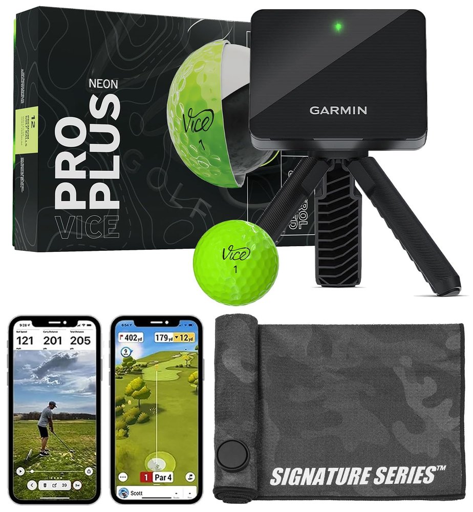 Garmin Approach R10 Portable Golf Launch Monitor with Vice Pro Plus Balls | Practice at Home or on the Driving Range | Track Metrics, Record Video, 43,000+ Courses | with Signature Series Golf Towel