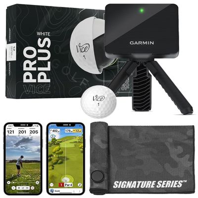 Garmin Approach R10 Portable Golf Launch Monitor with Vice Pro Plus Balls | Practice at Home or on the Driving Range | Track Metrics, Record Video, 43,000+ Courses | with Signature Series Golf Towel