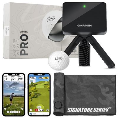 Garmin Approach R10 Portable Golf Launch Monitor with Vice Pro Balls | Practice at Home or on The Driving Range | Track Metrics, Record Video, 43,000+ Courses | with Signature Series Golf Towel