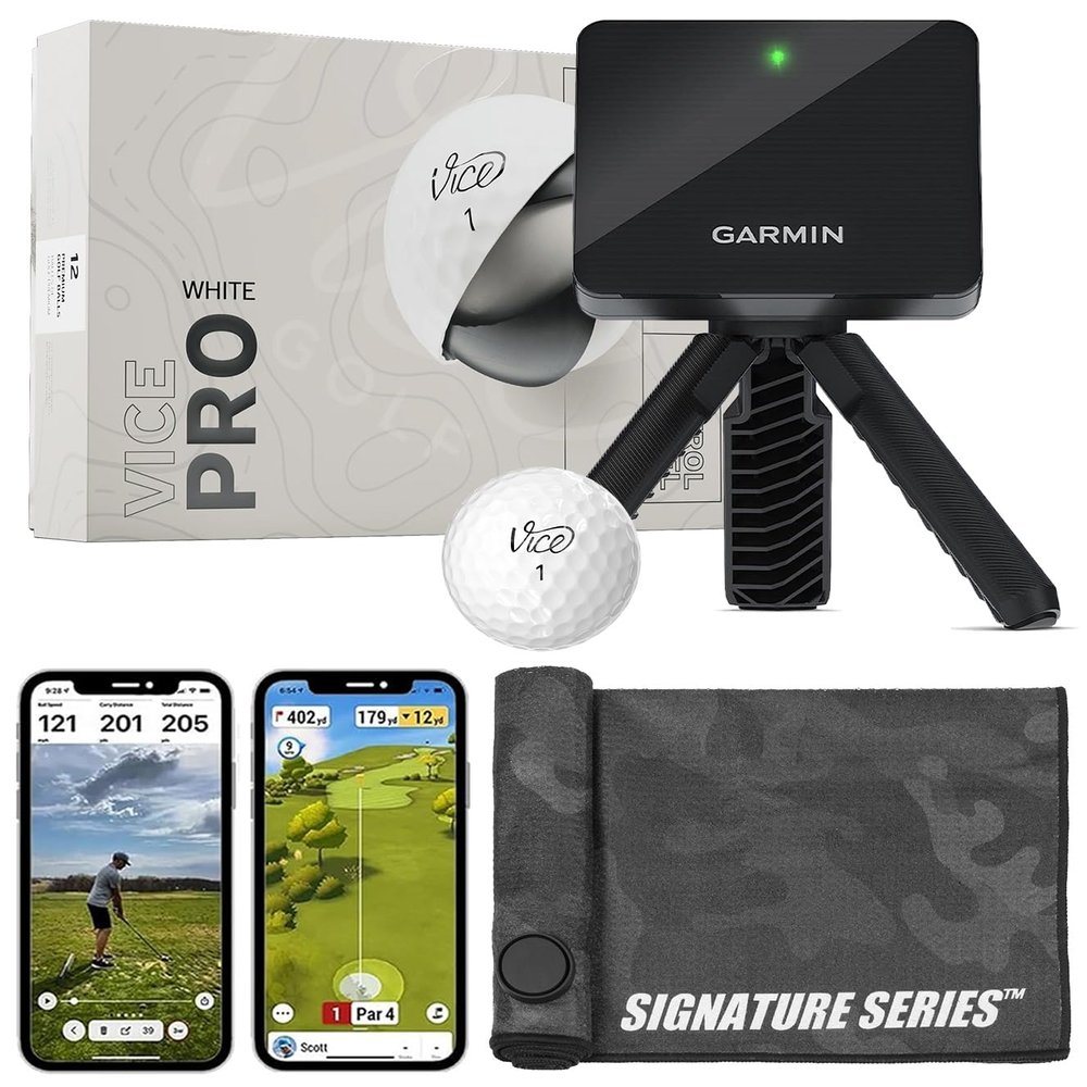 Garmin Approach R10 Portable Golf Launch Monitor with Vice Pro Balls | Practice at Home or on The Driving Range | Track Metrics, Record Video, 43,000+ Courses | with Signature Series Golf Towel
