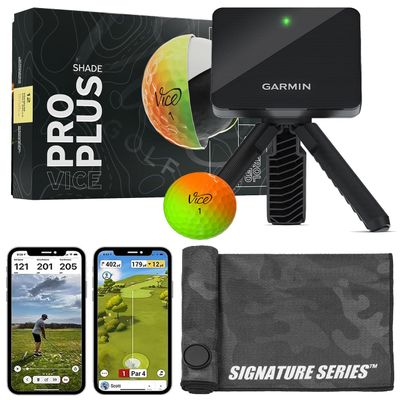 Garmin Approach R10 Portable Golf Launch Monitor with Vice Pro Plus Balls | Practice at Home or on The Driving Range | Track Metrics, Record Video, 43,000+ Courses | with Signature Series Golf Towel