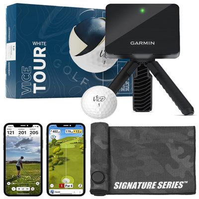 Garmin Approach R10 Portable Golf Launch Monitor with Vice Tour Balls | Practice at Home or on The Driving Range | Track Metrics, Record Video, 43,000+ Courses | with Signature Series Golf Towel
