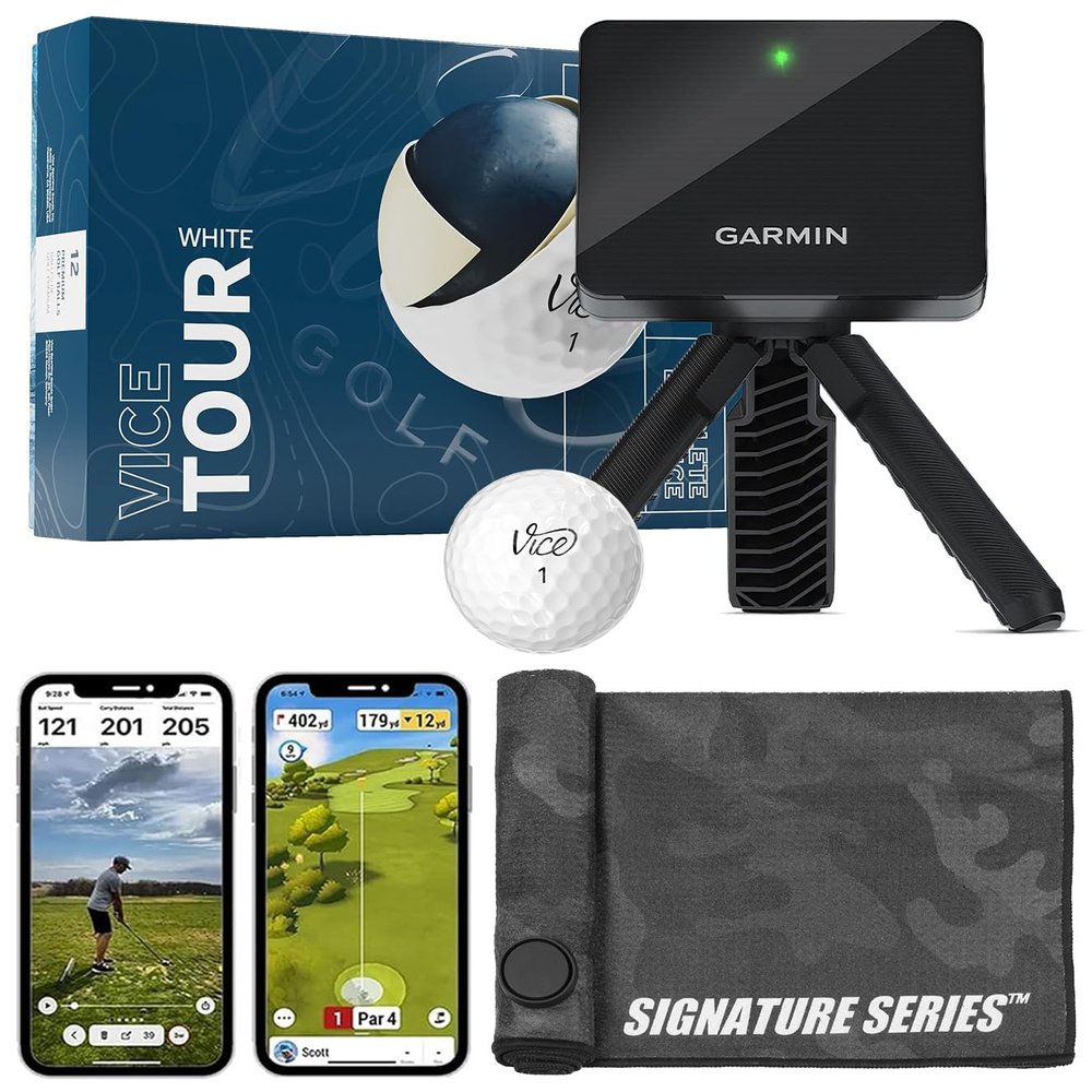Garmin Approach R10 Portable Golf Launch Monitor with Vice Tour Balls | Practice at Home or on The Driving Range | Track Metrics, Record Video, 43,000+ Courses | with Signature Series Golf Towel