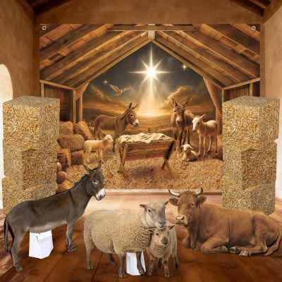 10 Pcs Christmas Nativity Scene Decorations Nativity Stable Manger Scene Backdrop 8 x 6 ft Birth of Jesus Banner Hay Bales Box Manger Animal Cardboard for Holy Family Farm Christian Pageant Photo Prop