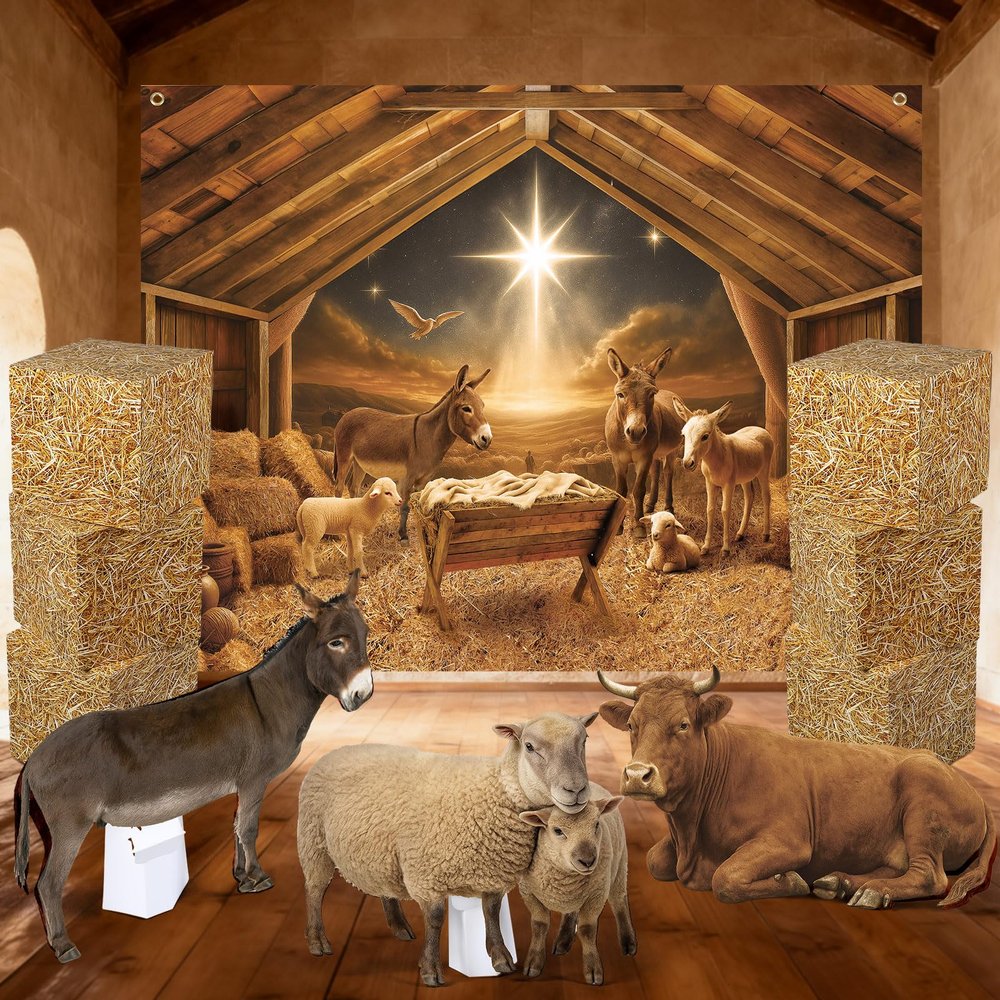10 Pcs Christmas Nativity Scene Decorations Nativity Stable Manger Scene Backdrop 8 x 6 ft Birth of Jesus Banner Hay Bales Box Manger Animal Cardboard for Holy Family Farm Christian Pageant Photo Prop