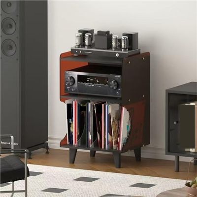 3-Tier Mid-Century Modern Record Player Stand Wood & Acrylic Turntable Storage Table with 4 Vinyl Cubes for Living Room Space Saver(Brown)