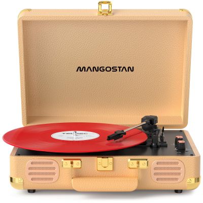 MANGOSTAN Vintage Bluetooth Record Player, 3-Speed Portable Turntable with Built-in Bass Stereo Speakers, Belt-Driven Vinyl Phonograph, Support AUX-in, RCA Line Out & Headphone Jack Gold