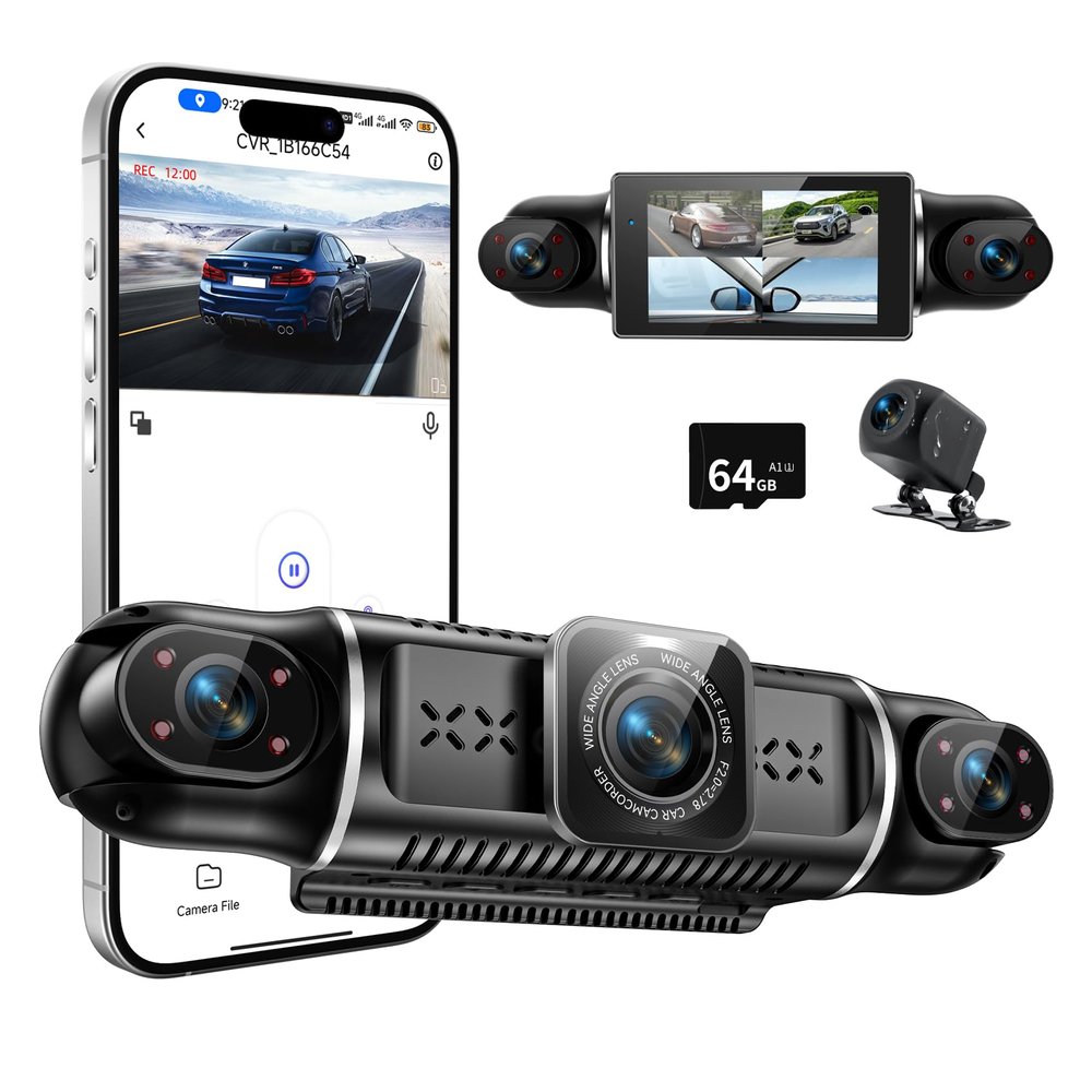 360View 4 Channel Dash Cam, 2K+1080P Front and Rear Inside Left Right, Wireless Dash Camera for Cars, Built-in G-Sensor, IR Night Vision, 24H Parking Mode, 64GB SD Card, Loop Recording, APP Control