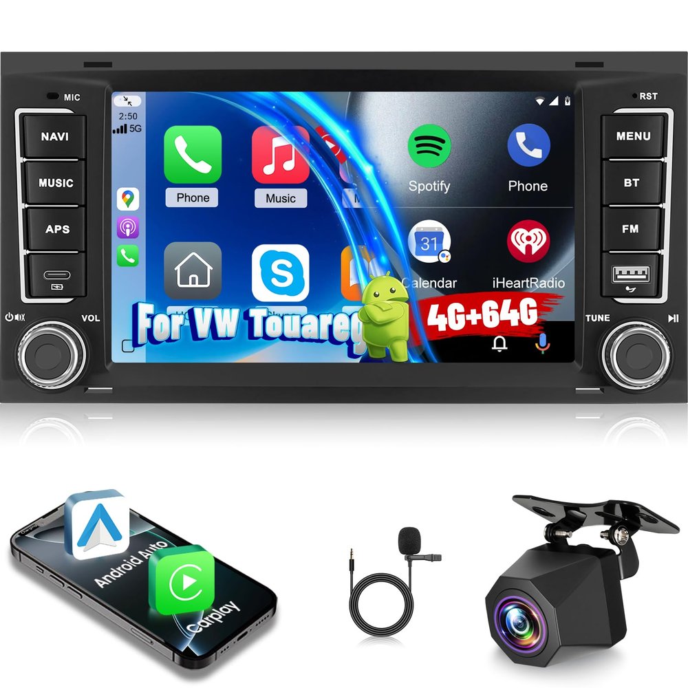[4+64] Volxcereo Car Radio for VW Touareg 2004-2011 Volkswagen Transporter Multivan T5 2004-2009, 7 inch Android Touchscreen Stereo with Carplay/Android Auto, GPS, WiFi, Bluetooth, SWC, FM/RDS