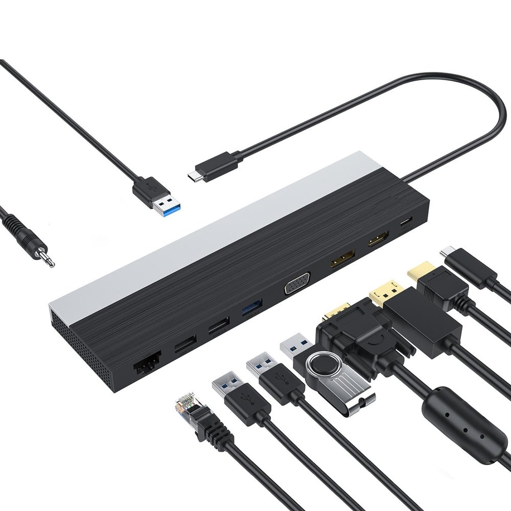 Goshyda 12 in 1 USB C Docking Station Triple Display with 4K HDMI DisplayPort VGA | 100W PD & Gigabit Ethernet | 4 USB & SD TF Card Reader for Laptop etc