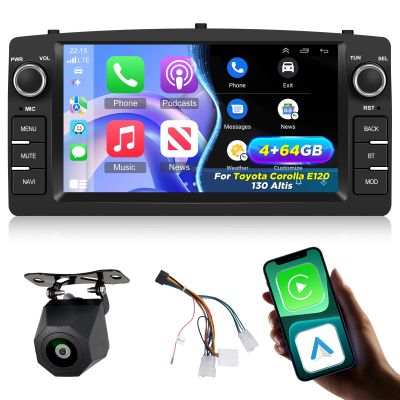 [4+64] Volxcereo Car Radio for Toyota Corolla E120 E130 Altis 2000-2006 BYD F3, 7 inch Android Touchscreen Stereo with Carplay/Android Auto, GPS, WiFi, Bluetooth, SWC, FM/RDS, Rearview Cam