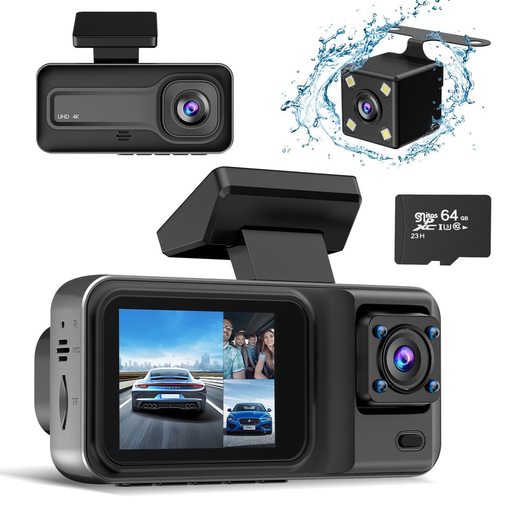 4K 3 Channel Dash Cam with 64GB Card, 4K+1080P+1440P Dash Cam Front and Rear Inside, Dash Camera for Cars with Motion Detection, 24H Parking Mode, Super Night Vision, Loop Recording