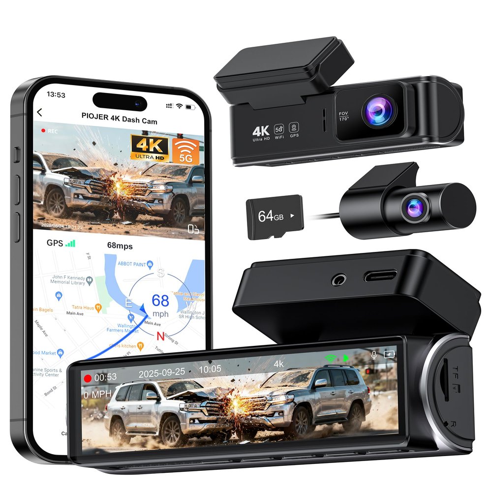 4K Dash Cam Front Rear, Dual Dash Camera for Cars Built in 5GHz/2.4GHz WiFi GPS Dashcam with G-Sensor 24H Parking Monitor Loop Recording WDR Night Vision 170 View Angle APP Control Free 64GB SD Card