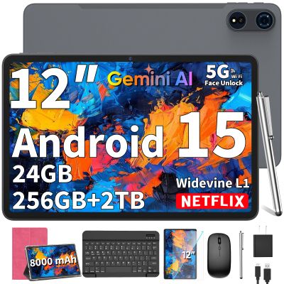2025 12 Inch Tablet, Android 15 Tablets with Keyboard, 24GB+256GB+2TB Expand, 2K Display, Tablet PC with 5G WiFi, Octa-Core, 8000mAh, BT5.0, GMS, GPS, 2 in 1 Tablets with Case, Mouse, Stylus(Pink)