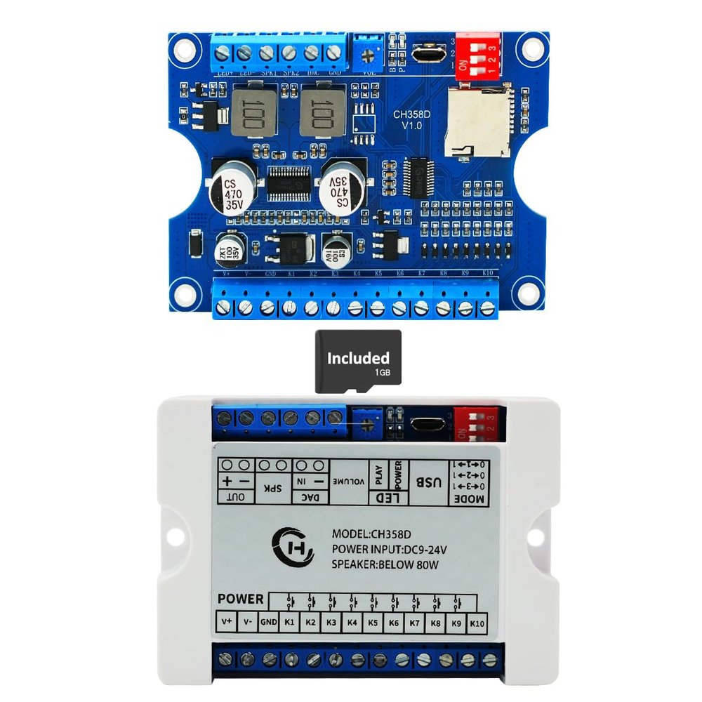 Voice Playback Module with 1GB Card,80W Low Lever Trigger DC 9-24V CH358D Chip Support USB Download, MP3 Hardware Decoding,10-Way Button One-to-One,8 Combined Voice Board for Industry Broadcast.