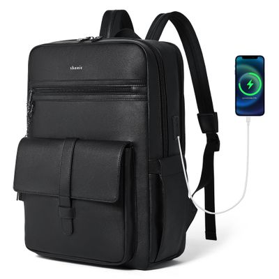 Shrrie 16 inch Vegan Leather Laptop Backpack with USB Charger