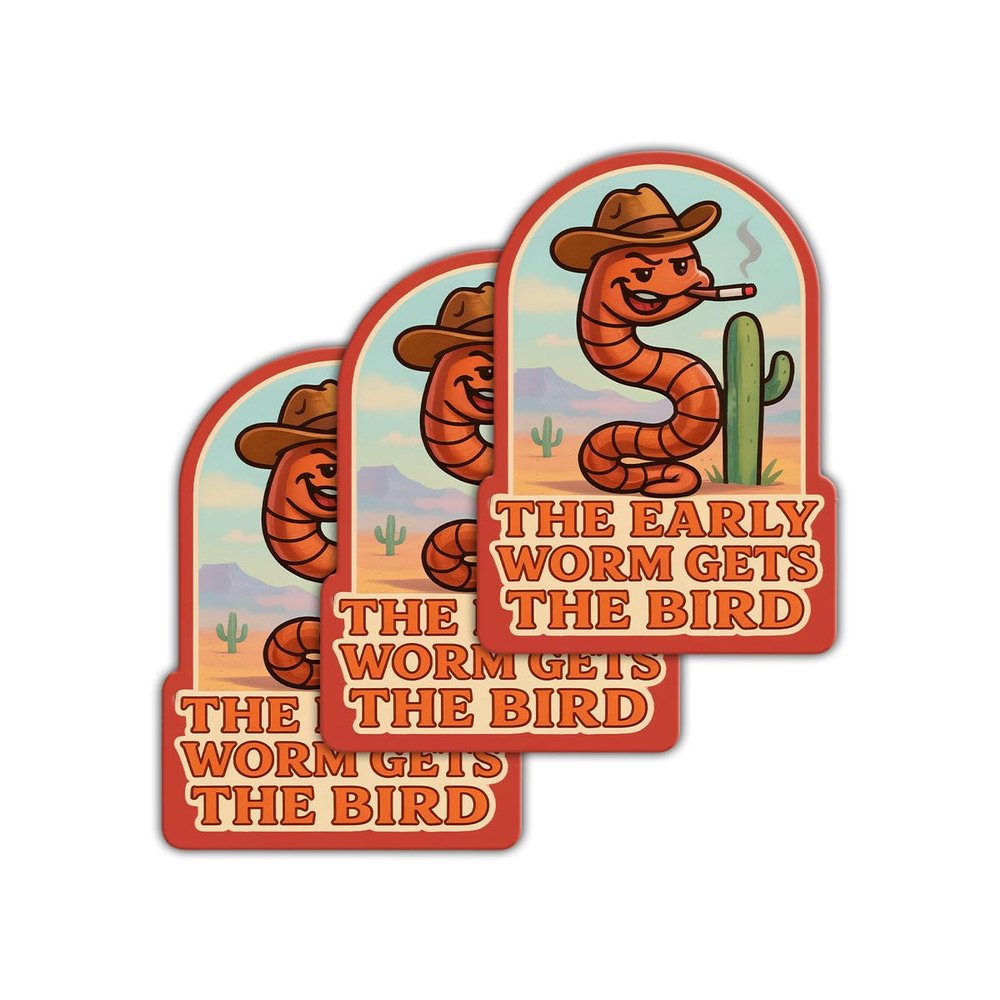 (3 Pcs) The Early Worm Gets The Bird Sticker - Funny Cute Worm Cowboy Decal - Humorous Wild Western Decal - Country - Funny Animal Cowboy - Sticker 3 Inch for Laptop Water Bottles