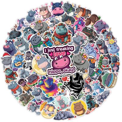 100PCS Hippo Stickers  Funny Hippopotamus Stickers Pack for Water Bottles, Laptop, Scrapbook, Journaling, Party Favors, Waterproof Vinyl Animal Stickers