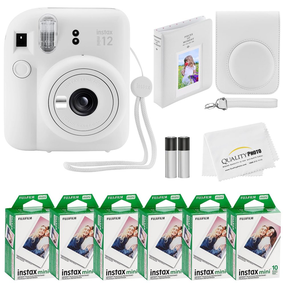 Fujifilm Instax Mini 12 Instant Camera + 60 Photo Prints + Quality Photo Value Bundle, Case, Decoration Stickers, Frames, Photo Album, (Clay White)