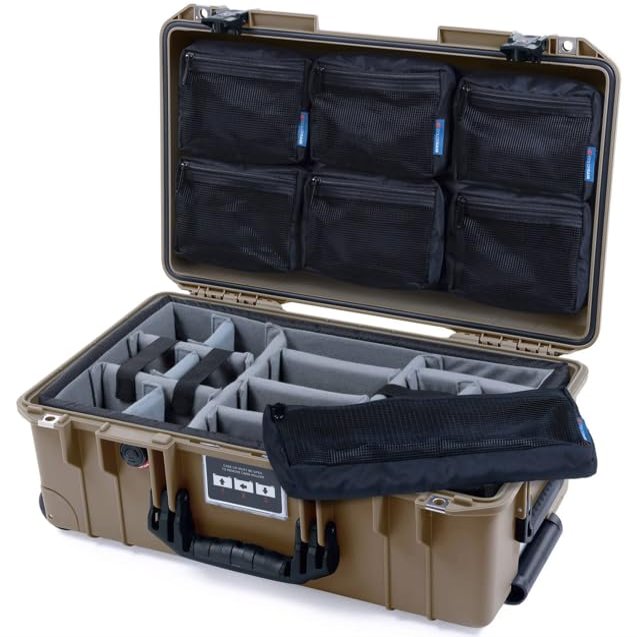 Dark Desert Dirt Pelican 1535 Air case with TSA locking latches. Comes with padded dividers & mesh multi pouch lid organizer.