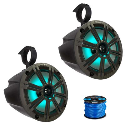 1 Pair (QTY 2) Of 8" 300 Watt Max Power RGB LED Marine Audio Speakers Bundle Combo With Grilles, (QTY 2) 8" Marine Tower Speaker Enclosures - Black with 50 Feet 16 Gauge Speaker Wire (Charcoal)