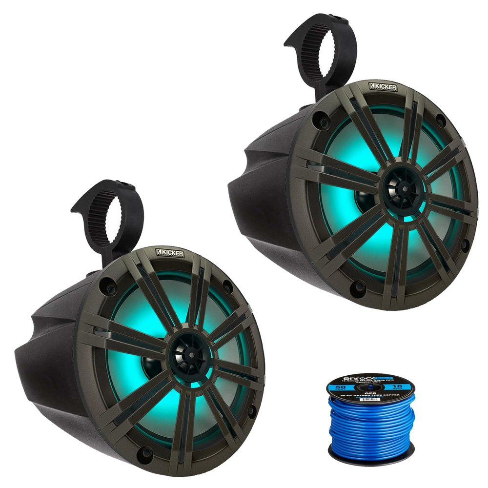 1 Pair (QTY 2) Of 8" 300 Watt Max Power RGB LED Marine Audio Speakers Bundle Combo With Grilles, (QTY 2) 8" Marine Tower Speaker Enclosures - Black with 50 Feet 16 Gauge Speaker Wire (Charcoal)