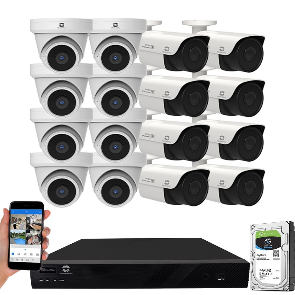 GW Security 16 Channel 4K 8MP NVR with (8) Bullet & (8) Turret 5MP AI PoE Microphone Waterproof Security Camera System for Home and Business, Smart AI Human & Vehicle Detection, 4TB Hard Drive