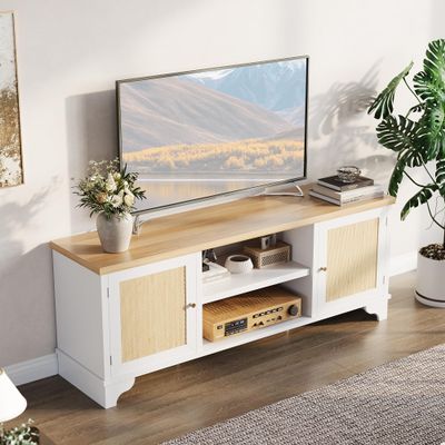Takywep Bohemian Media Console for 70 Inch TVs, 2 Door Storage Cabinets and Open Shelves, Rattan TV Stand Entertainment Center for Living Room, Oak Finish