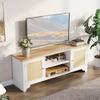 Takywep Bohemian Media Console for 70 Inch TVs, 2 Door Storage Cabinets and Open Shelves, Rattan TV Stand Entertainment Center for Living Room, Oak Finish view 1