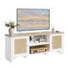 Takywep Bohemian Media Console for 70 Inch TVs, 2 Door Storage Cabinets and Open Shelves, Rattan TV Stand Entertainment Center for Living Room, Oak Finish view 4