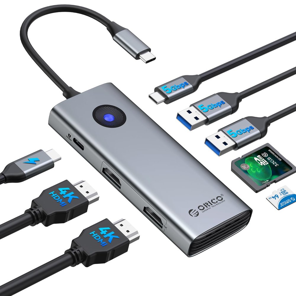 ORICO USB C Docking Station Dual Monitor, 8-in-1 Laptop Docking Station with 2 HDMI 4K@60Hz, 100W PD, USB-A&C 3.0, SD/TF, USB C Dock Compatible with MackBook/Dell XPS/HP/Surface